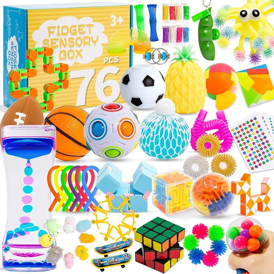 76 Pack Sensory Fidget Toys Set, Stress Relief and Anti-Anxiety Bundle Sensory Toys for Kids Adults, Cool Fidget Packs with Mochi Squishy, Magic Rainbow Ball, Motion Timer, Flippy Chain,Stress Ball... | Anti-Anxiety Bundle Toys,Cool Fidget Packs with M...