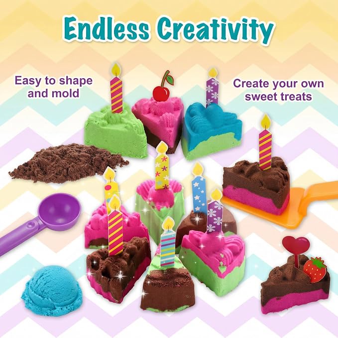 Carolart Cake Sensory Bin, Sand Baking Toys for Kids, Play Cake Sand Kit | Ice cream and dessert sensory play with colorful sensory sand, pretend bakery activity, gift for kids ages 3-8