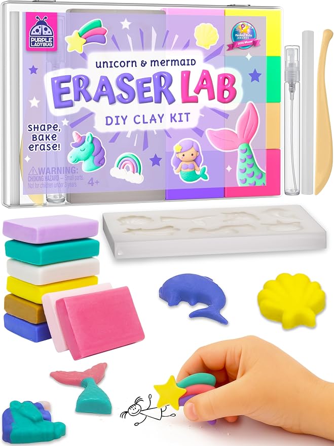 Eraser Lab Mermaid & Unicorn Eraser Making Kit for Kids 4-12 | Birthday Gift for Girls Ages 5-10, DIY Clay Eraser Kit, Gift for 7 Year Old Girl, Back to School Supply