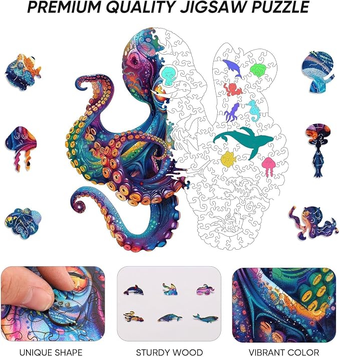 Qiuenisray Wooden Puzzles for Adults, Octopus Ocean Jigsaw Puzzle 200 Piece | Cool Wood Puzzle Wall Decor, FSC Certified Unique Animal Adult Puzzles Piece, Creative Gift for Family Game 11.2x11.2 in