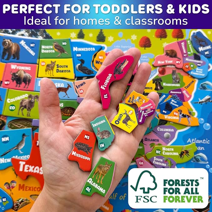 Magnetic Puzzles for Kids Ages 4-6 - USA Map Puzzles for Toddlers 3-5 | Montessori Realistic Educational Toys for Kids - United States Geography Learning Games for 5-8 Years Old
