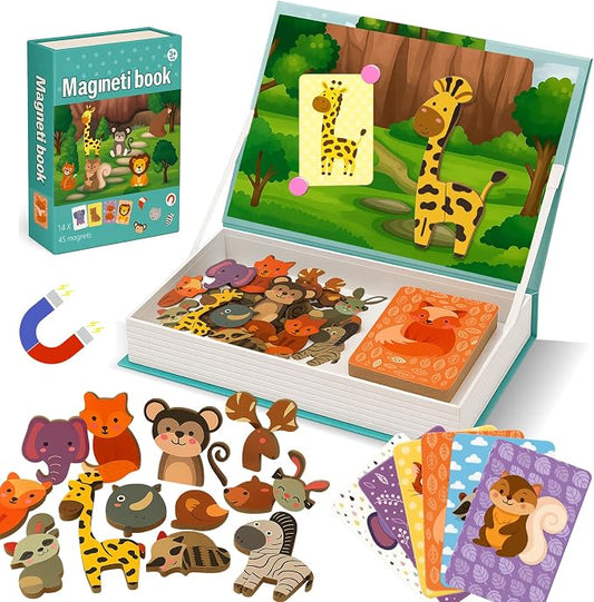Animal Magnetic Busy Book for Toddlers, 45 Magnet Puzzles Toys | Montessori Quiet Travel Toy with 14 Activity Cards, Magnet Puzzles, Preschool Learning Game for Kids Ages 3+
