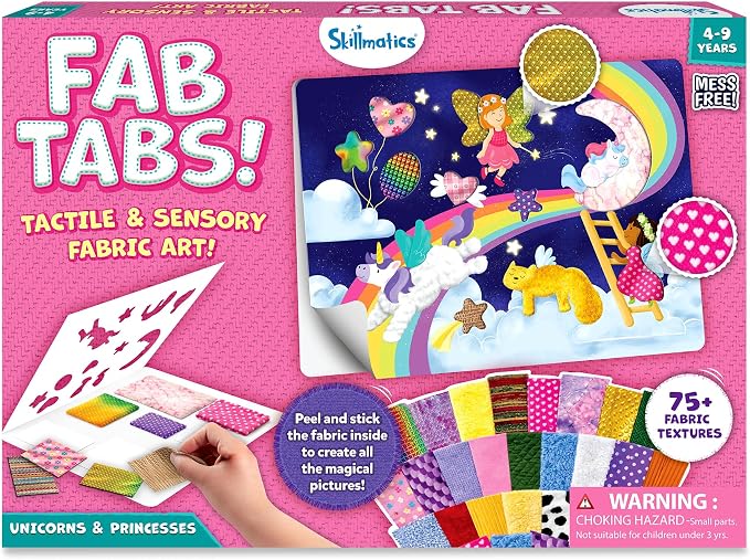 Skillmatics Fab Tabs – Unicorns & Princesses, Fabric Art, Sewing Craft Kit | Peel & Stick Sticker Activity, Mess-Free Play, Travel Toy, Gifts for Boys & Girls Ages 4, 5, 6, 7, 8, 9