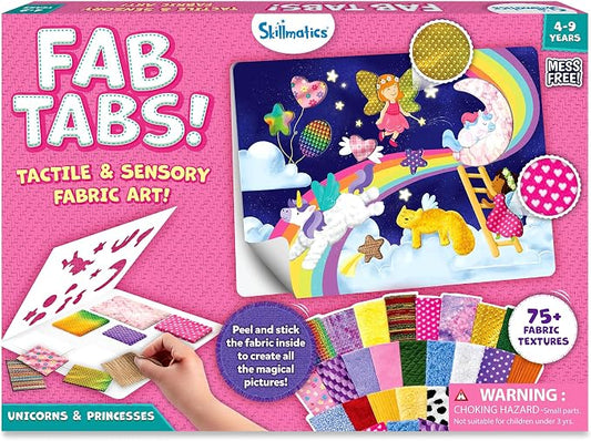 Skillmatics Fab Tabs – Unicorns & Princesses, Fabric Art, Sewing Craft Kit | Peel & Stick Sticker Activity, Mess-Free Play, Travel Toy, Gifts for Boys & Girls Ages 4, 5, 6, 7, 8, 9