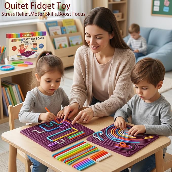 Large Sensory Activity Board, Silicone Fidget Toy for Autism, ADHD & Stress Relief, Double-Sided Quiet Montessori Fine Motor Skills Toy Gift for 3+ Kids, Adults with 36 Strips Portable Bag (Berry)