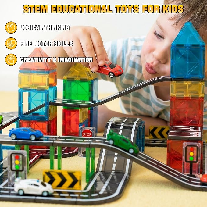 Road Magnetic Tiles for Kids Ages 4-8 with Cars,Ramp Magnet Tiles Boy Toy | Magnetic Tiles Road Expansion Set with Cars, Race Track Magnet Building Blocks,STEM Toys for 4+ Years Old Boy Birthday Gifts