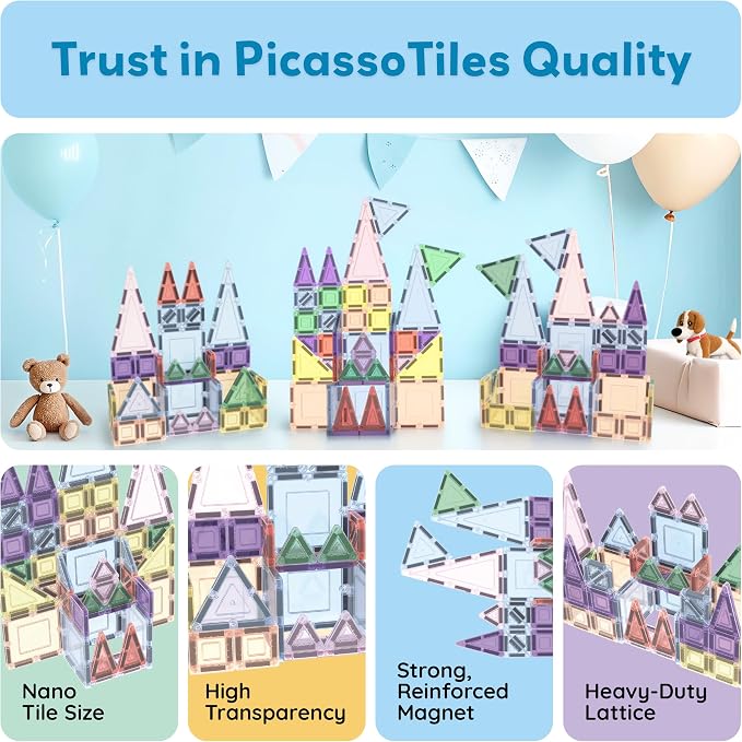 PicassoTiles 50PC Magnetic Tiles Travel Set Nano + Original Size Construction Building Block 2-in-1 Tile Collection with Tin Box Storage Case Montessori STEM Activity Learning Kit Kids Ages 3+ PN12