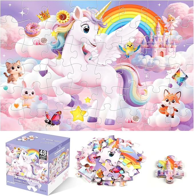 Jumbo Floor Puzzle for Kids,48 Piece 3D Unicorn Jigsaw Puzzle Ages 3-8 | Extra-Thick Easy-Grip Pieces Form a 35.4 x 23.6-Inch,Unicorn Puzzle,Preschool Learning Gift for Boys and Girls Ages 3-8