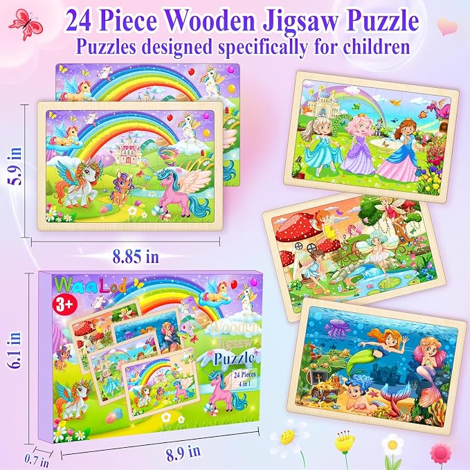 Wooden Puzzles for Kids Ages 4-6, 4 Pack 24 Pcs Toddler Puzzles Set for Ages 3-5, Educational Learning Toys Gift for Boys Girls 3 4 5 6 Year Old, Unicorn Mermaid Princess Elf Worlds