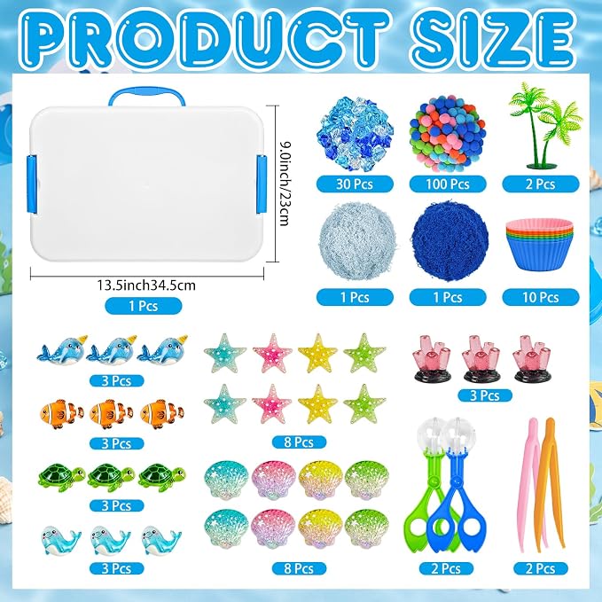 Cinrobiye 170 Pcs Ocean Animals Sensory Bin Fillers Set with Storage Box, Sea Animals, Sea Shells, Sea Stars & Under The Sea Accessories for Classroom Activities, Home Projects and Ocean Theme Decor