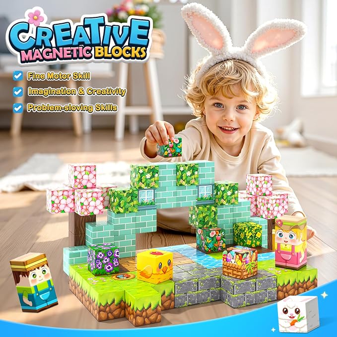 108PCS Magnetic Blocks Bunny Garden Magnet Building Toys for Kids Age 3+ | Magnet Building Cubes, STEM Sensory Learning Toys, Christmas Easter Gifts for Boys Girls, Outdoor Kids Toys
