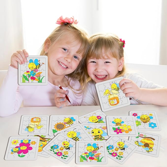 Cinrobiye 24 PCS Bee Coloring Jigsaw Craft Kit for Kids, DIY Bumblebee Activity Set Bulk with 12 Designs, Spring Insect Party Favors, Classroom Art Projects, Summer Decorations