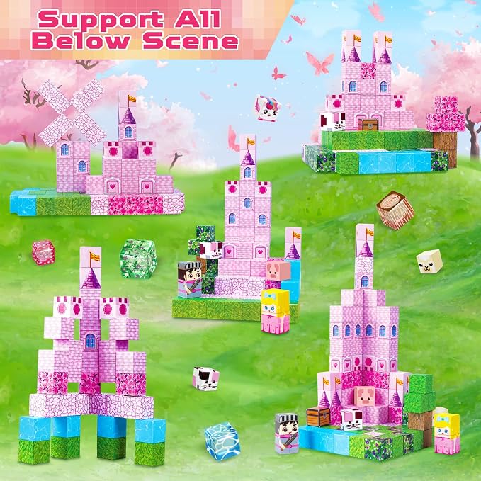 Magnetic Blocks - 100PCS Pink Princess Castle Magnetic Building Blocks, 3D Magnet Cubes for Girls, STEM Construction Toy for Kids Ages 3-12, Princess Toys for Kids Birthday Gifts