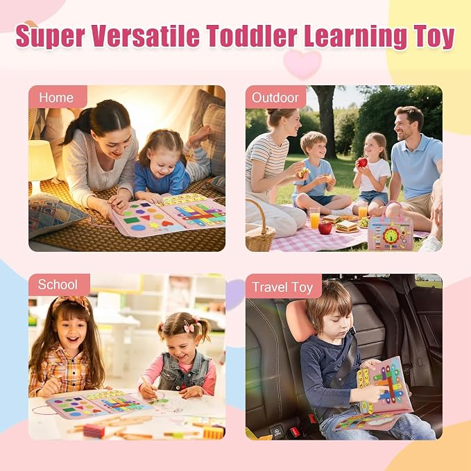Busy Board for Toddlers, Montessori Sensory Toy with Fine Motor Activities, Travel Activity Book for Airplane and Car, Educational Learning Gift for Boys and Girls