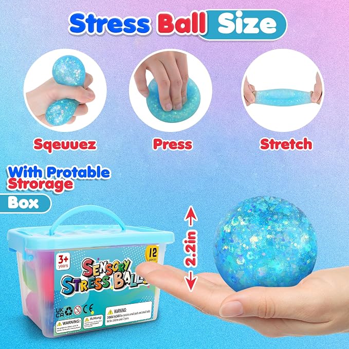 Fidget Sensory Toys Stress Balls: 12 Pack Squishy Stress Balls for Kids | Hand Therapy Sensory Ball with Nervousness Pressure Relief - Squeeze Stress Toys Bulk - Classroom Prize Gift for Student