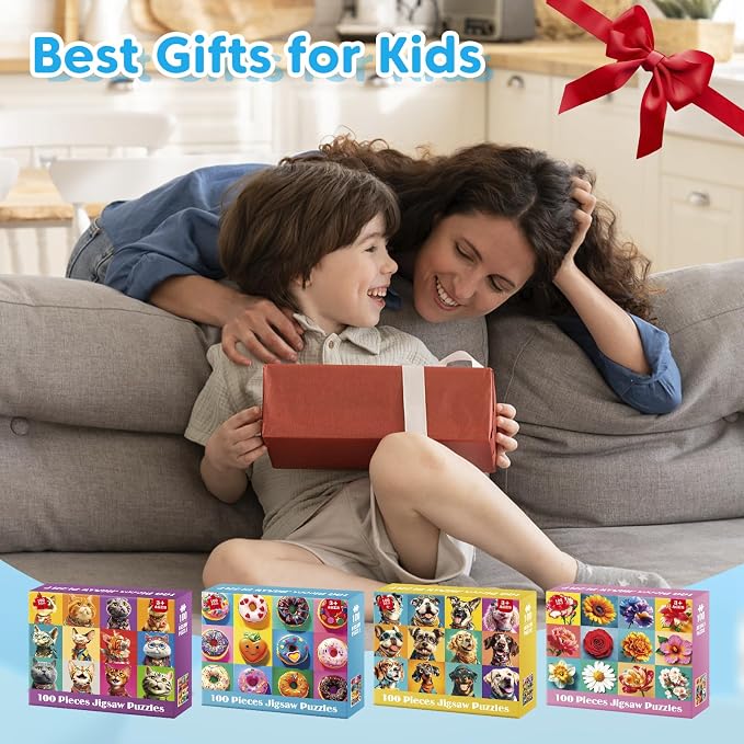 4 Packs 100 Piece Puzzles for Kids - Dogs Cats Donuts Flowers Puzzles | Kids Ages 4-6 6-8 8-10, Large Piece Puzzles for Kids & Seniors Adults Jigsaw Puzzles Educational Gifts for Girls Boys