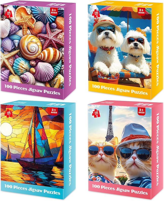 4 Packs 100 Piece Puzzle - Shells Sailboat Cats Dogs Jigsaw Puzzles, 100 Piece Puzzles for Adults Seniors Kids Puzzles for Kids Ages 4-6 6-8 8-10 Educational Puzzle Toys 15"x11"
