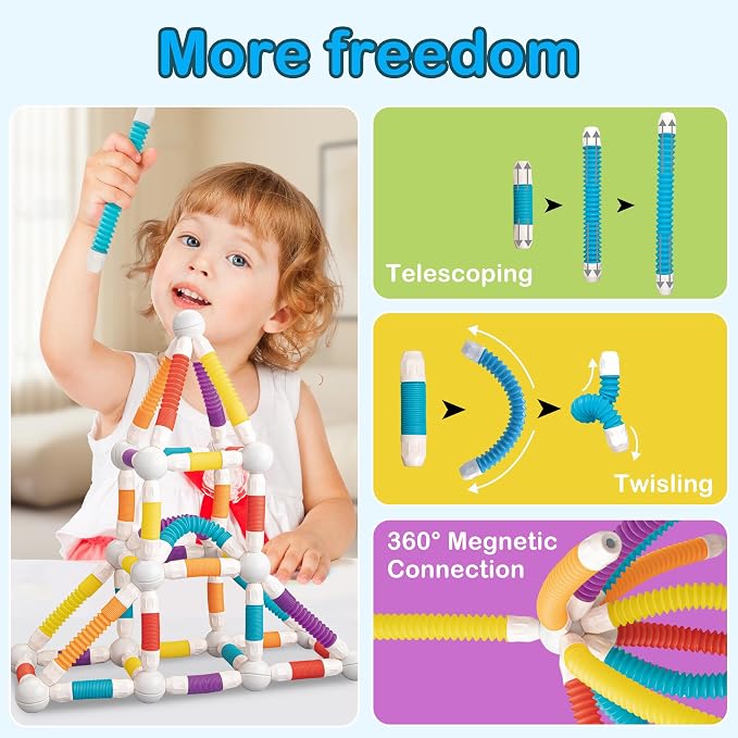 ROUSKY Magnetic Building Blocks Construction Set, 66 Pieces, Educational STEM Toy with Flexible Tubes and Connectors (66PCS)