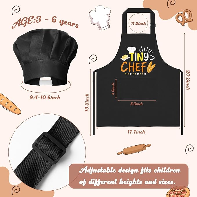 R HORSE 2 Pieces Kid Apron and Chef Hat Set, Dress up Role Play Chef Toy | Black Tiny Chef Adjustable Children Kitchen Apron with Pockets, Ideal for Cooking, Baking, Painting, Cooking Birthday Gift