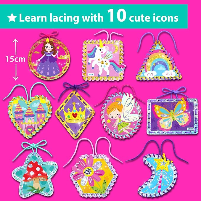 EZCRA Premium Lacing Cards for Kids Ages 3-6 | 10 Double-Sided Unicorn and Fairy Sewing Cards with Multilingual Learning | Durable Cardboard Fine Motor Skills Educational Activity