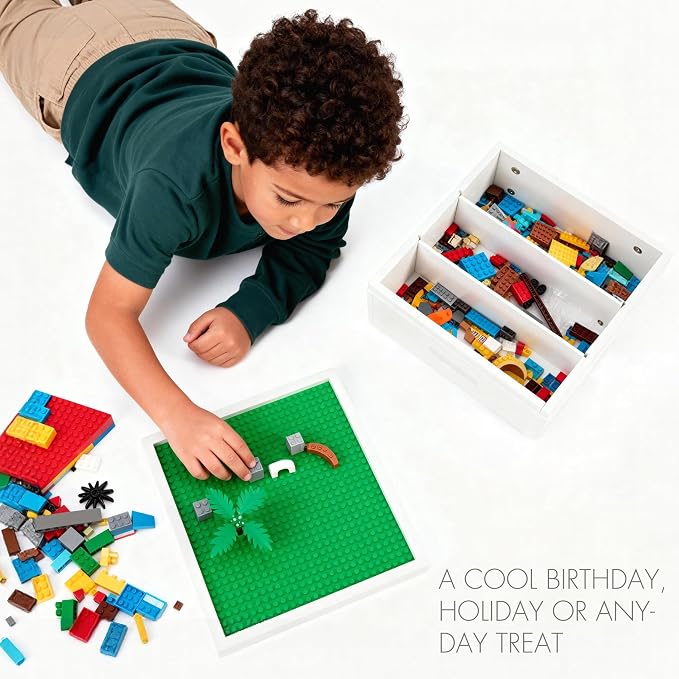 UTEX Buildable Cubby Storage with Baseplate Lid Compatible with Lego | Wooden Building Blocks Organizer, 3 Removable Sorting Compartments, Compact & Portable, Bricks Storage Box, White