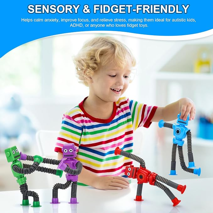 Robot Sensory Pop Tubes Toys 6PCS for Toddlers Boys Age 3-8, Suction Cup Stretchy Fidget Toy, Travel Toys, Autism Stress Relief, Birthday Christmas Stocking Stuffers Party Favors