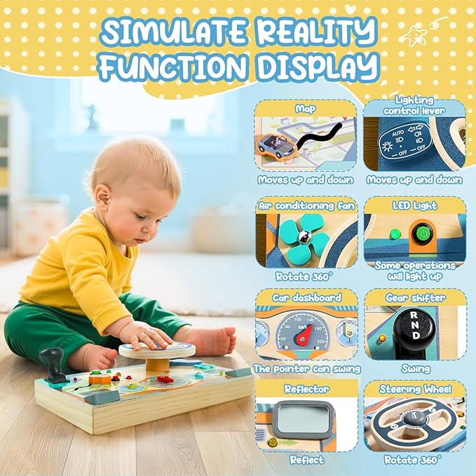 Busy Board for 1 2 3 Year Old, Montessori Toys Wooden Toddler Sensory Toy | Busy Board with LED Lights Sound Switch, Activity Travel Toy, Steering Wheel,Toddler Toy Christmas Birthday Gift for Boy Girl