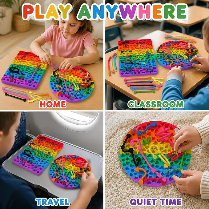 2 Pack Sensory Activity Board, Stress Relief Silicone Quiet Toddler Sensory Toy, Silicone Sensory Activity Board, ADHD & Autism Sensory Toys for Kids & Adults |with a Travel Bag & 24 Strin(B)