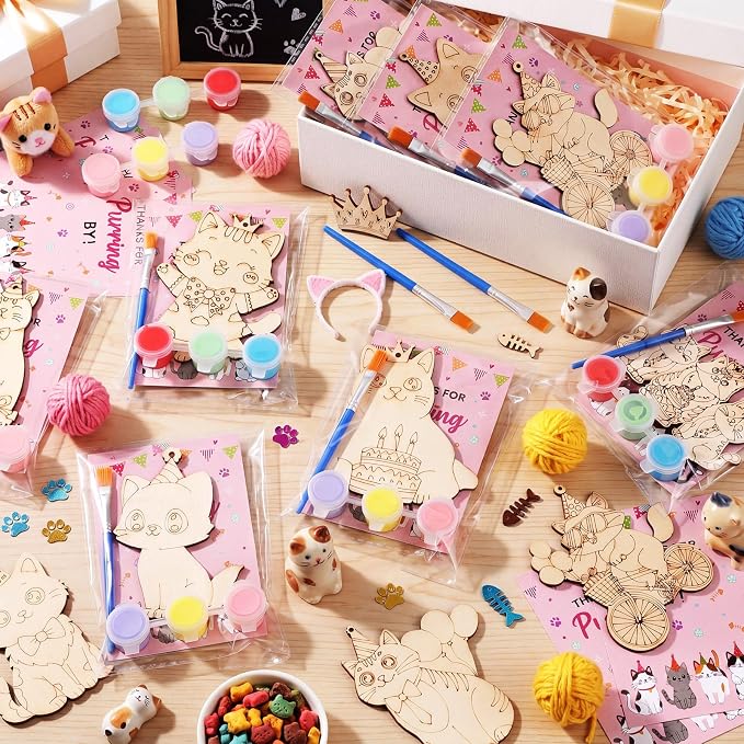 Saypacck 24 Pcs Cat Party Favors Wooden Paint Craft Kits | Cute Cat Designs, Includes Paints Brush Bag, For Girls Cowgirl Theme Goodie Bag Fillers, DIY Thank You Gifts