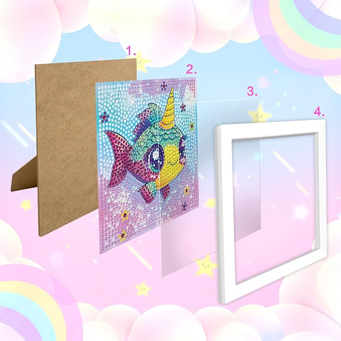 Reofrey Diamond Art Kits for Kids with Frame, DIY Goldfish Diamond Painting Kits, Fun Arts and Crafts Gift for Girls & Boys Ages 4,5,6,7,8,9,10,11,12, Creative Educational Toy for Beginners (7x7 Inch)