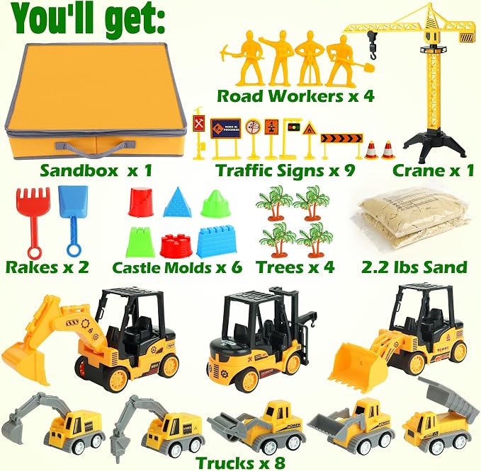 Billeeit Sand Construction Kit w/Sand Box and 2.2lbs Sensory Bin Play Sand | Including 15 In Foldable Sand Box, 8 Truck Toys, Castle Molds and Other Accessories 36Pcs Set, Gifts for Kids 3+