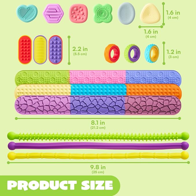 JOYIN 18 PCS Silicone Fidget Toys Set, Quiet Silicone Sensory Toys for Kids & Adults, Stress Relief Pack with Sensory Stones, Fidget Rings, Push Boards, Stretchy Strings & Textured Wristbands