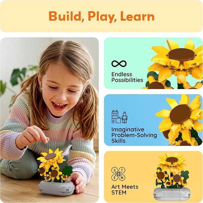 PicassoTiles 130pc STEM Sunflower Building Brick Block Set with Vase Flower Craft Toy for Kids Ages 3+ Educational Learning and Creative Activity Construction Room Decor Gift for Boys and Girls PBS22