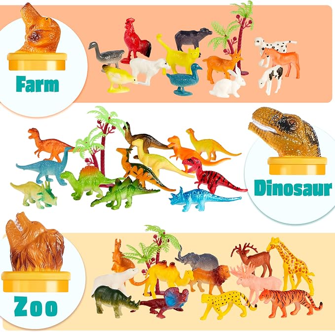 JOYIN 69 Pcs Small Animal Figures, Mini Jungle Toy Set with Sensory Bin, Realistic Wild Forest Playset, Zoo, Ocean, Farm Animals Figurines, Dinosaur Party Favors, Easter Gifts for Boys and Girls 3-5