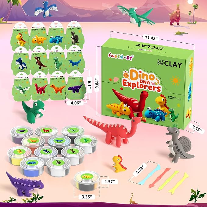 Aestd-ST Air Dry Clay Kit - Dinosaur Theme, Modeling Clay for Kids | DIY Magic Clay with Sculpting Tools and Tutorials, 12 Boxes Molding Clays, Soft & Non-Sticky, Arts and Crafts Gift for Kids