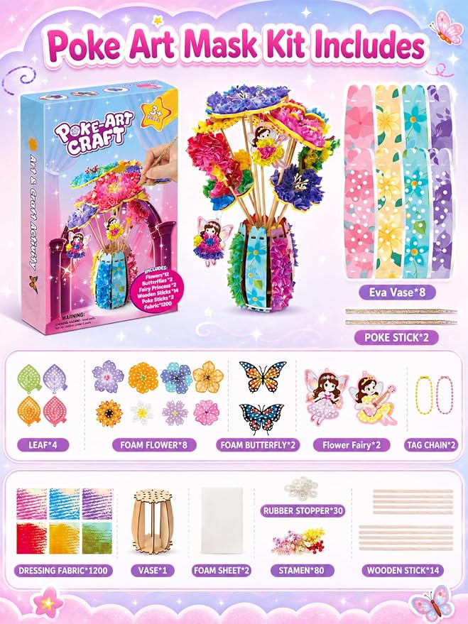 Kivonio Poke Art Kit for Kids - Flower Bouquet, DIY Wood Craft Kit, Mess Free Creative Play for Girls and Boys Ages 4, 5, 6, 7, 8, 9, Fine Motor Skills, Screen-Free Fun
