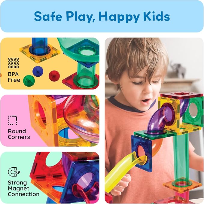 PicassoTiles 50 Piece Magnetic Marble Run Toy STEM Educational Building Set | BPA-free plastic construction, age 3+ coordination tracking, Fine Motor Skills & Spatial Reasonings, creative pretend play