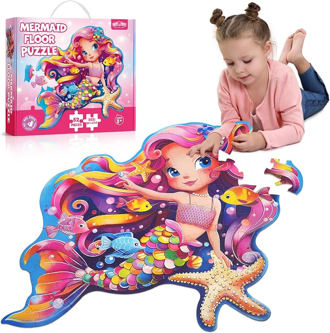 BenBen Floor Puzzle for Kids Ages 3-8, Mermaid Shaped Large Piece Puzzles | 52 Pieces Extra-Thick Jumbo Jigsaw Puzzle for Toddlers Ages 4-6, Preschool Educational Toys with Storage Box for Girls Boys