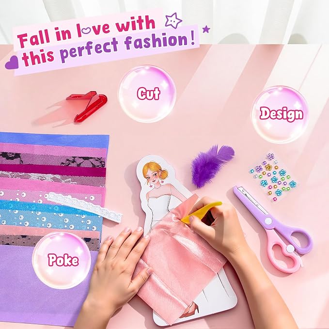 JoyCat Fashion Design Poke Art Kit for Girls, 6 No-Sew Mannequins | A hands-on alternative to paper dolls and fashion plates: cut real fabric and poke it into 6 reusable EVA mannequins.