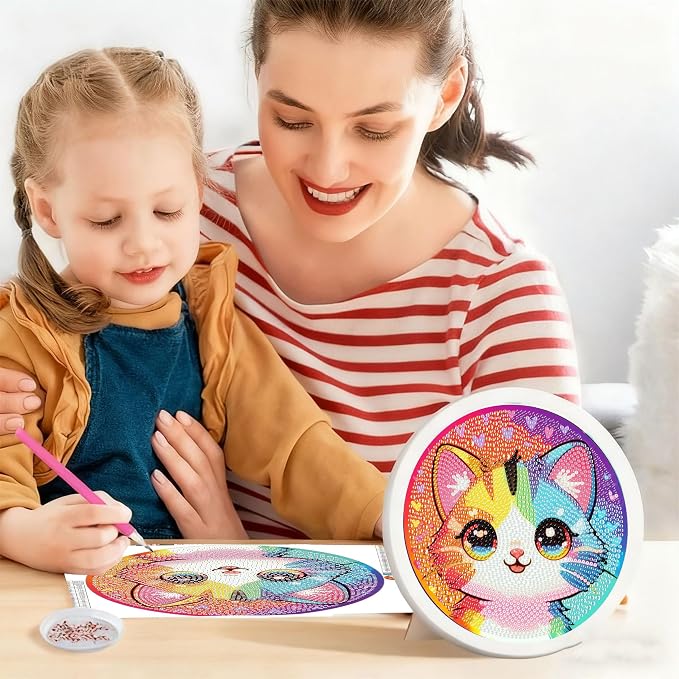 Gemozaic Cat Diamond Art Kits for Kids Ages 4-8-12, Round Frame, 8 x 8 in | Cute Cat Diamond Art for Kids 6 10 12 Year Old, DIY Easy Kid Big Gem Painting, Animal Arts and Crafts for Girl Birthday Gift