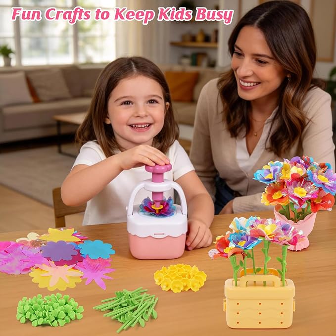 IQKidz Flower Bouquets Toy for Girls, DIY Arts and Crafts Kits for Kids Ages 4-6 6-8, STEM Flower Making Set with Storage Box & Basket, Birthday Gift for Age 5-7 8-10 Years Old