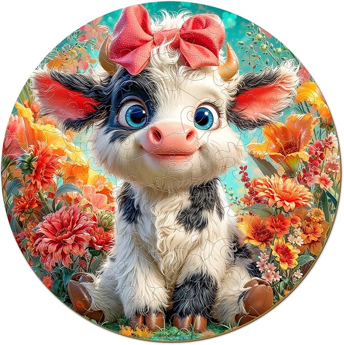 Farm Animals Wooden Puzzles for Kids - Bloomy Cute Cow | 50 Piece Puzzles for Kids Ages 6-8, Kids Puzzles with Unique Animal Shapes, Round Gift for Girls and Boys (11.4 * 11.4 in)