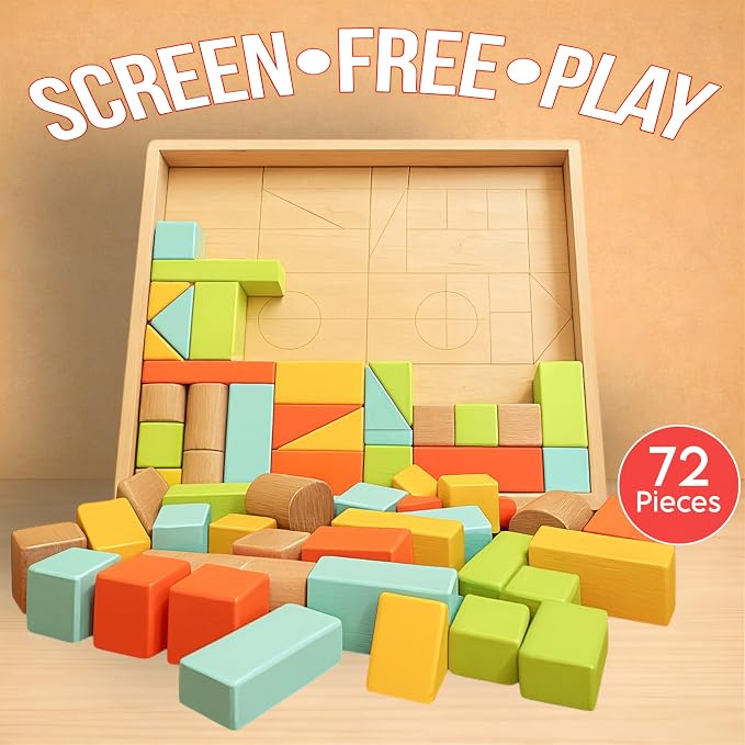 Natural Wood Building Blocks Set, 72 Pastel Color Pieces Castle Construction Blocks with Storage Tray, Educational STEM Learning Toys for Kids, Creative, Screen-Free, Architectural Play System