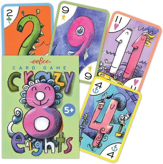 eeBoo Crazy Eights Playing Card Game, 50 Cards, Ages 5+, 3+ Players | Builds number recognition & strategic thinking. Includes 50 laminated cards illustrated by Chris Raschka. A classic card game