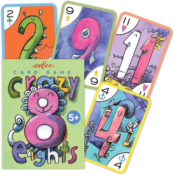 eeBoo Crazy Eights Playing Card Game, 50 Cards, Ages 5+, 3+ Players | Builds number recognition & strategic thinking. Includes 50 laminated cards illustrated by Chris Raschka. A classic card game