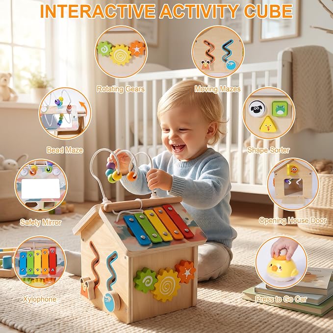 Montessori Wooden Baby Activity Play Cube Toys for Boys Girls 6 Months+, Early Developmental Learning Activity Center for Toddlers, 1-3 Years Old Kids First Birthday Gift, Bonus Infant Press & Go Car