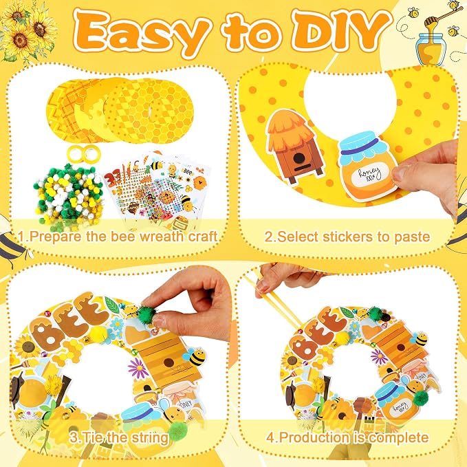 Hollowfly 48 Sets Bee Craft Kits DIY Summer Wreath with Honey Stickers | Paper Bee Crafts for Kids Activities, Sunflower Decorations with Adhesive Honey Stickers, Hanging Ornaments for Party