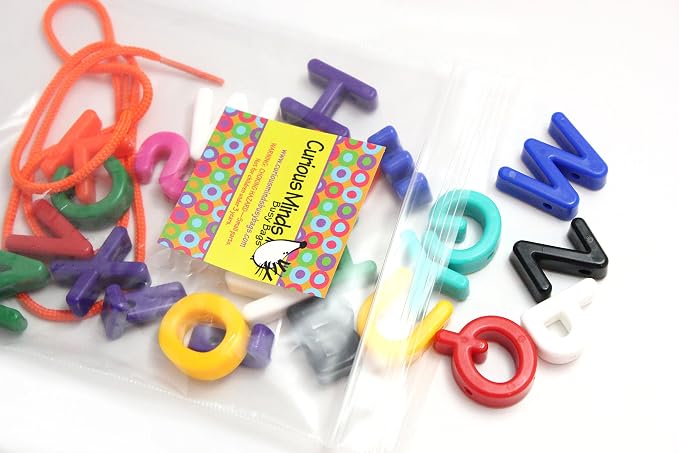 Uppercase Alphabet Lacing Beads Busy Bag - Perfect Fine Motor Learning Activity for Toddlers and Preschoolers. Sort By Shape and Color, Large Beads