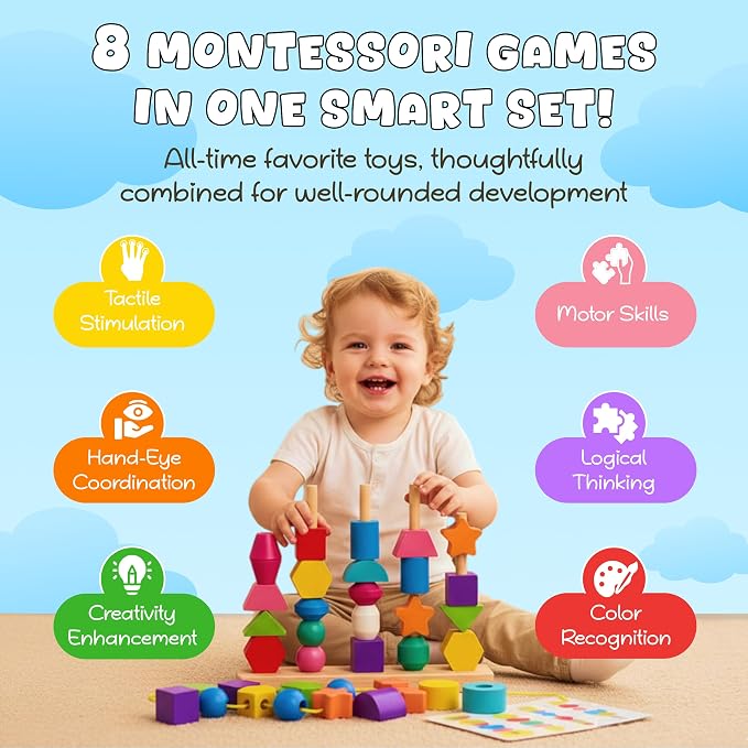 8-in-1 Busy Hands Fine Motor Skills Toys Kit for Toddler, Montessori Toys Set for 3+ Years Old, Learning & Education Toys, Color Shape Sorter, Stacking Toys, STEM, Wooden Toys