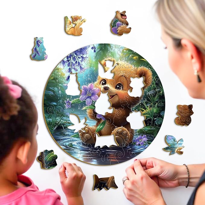 Animal Wooden Puzzles for Kids - Bear with Blooms | 50 Piece Puzzles for Kids Ages 6-8, Kids Puzzles with Unique Animal Shapes, Round Gift for Girls and Boys (11.4 * 11.4 in)